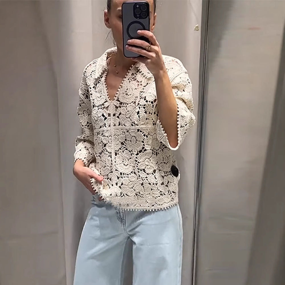 Women's Crocheted Blouse with Floral Openwork Pattern and Three-Quarter Sleeves Amarae