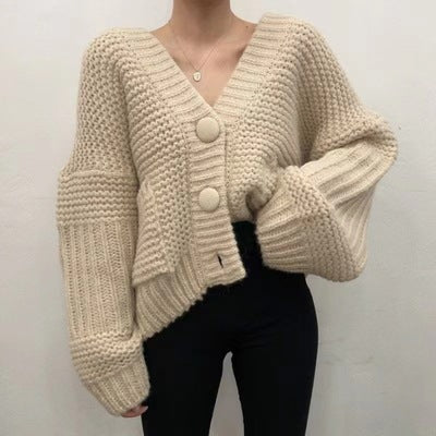 Knit jacket for women with deep V-neckline and large button details Amarae