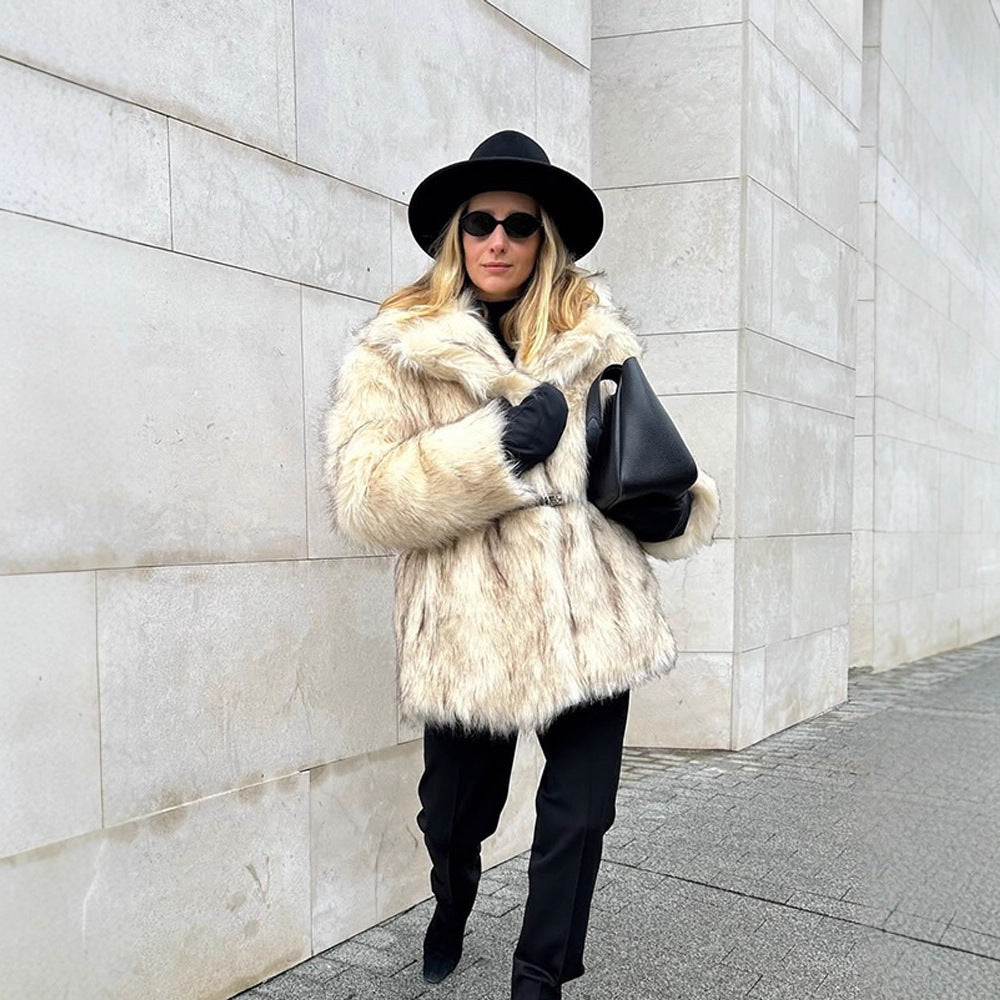 Women short coat made of faux fur with waist belt and voluminous shawl collar Amarae