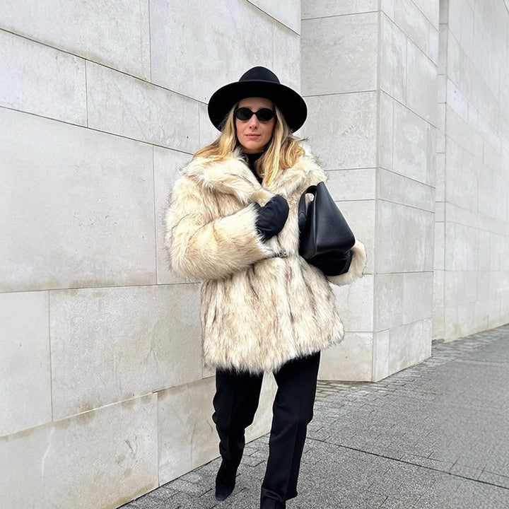 Women short coat made of faux fur with waist belt and voluminous shawl collar Amarae