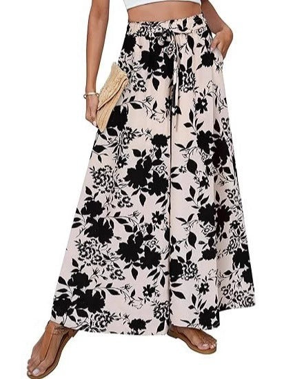 Lune London Women's Wide Leg Beach Pants with Floral Pattern