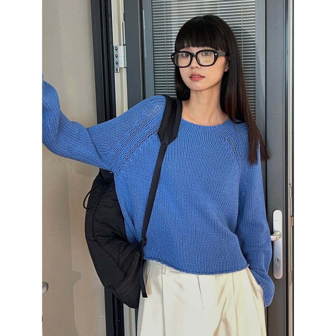 Women's Loose Chunky Knit Sweater with Wide Round Neckline and Bell Sleeves Amarae