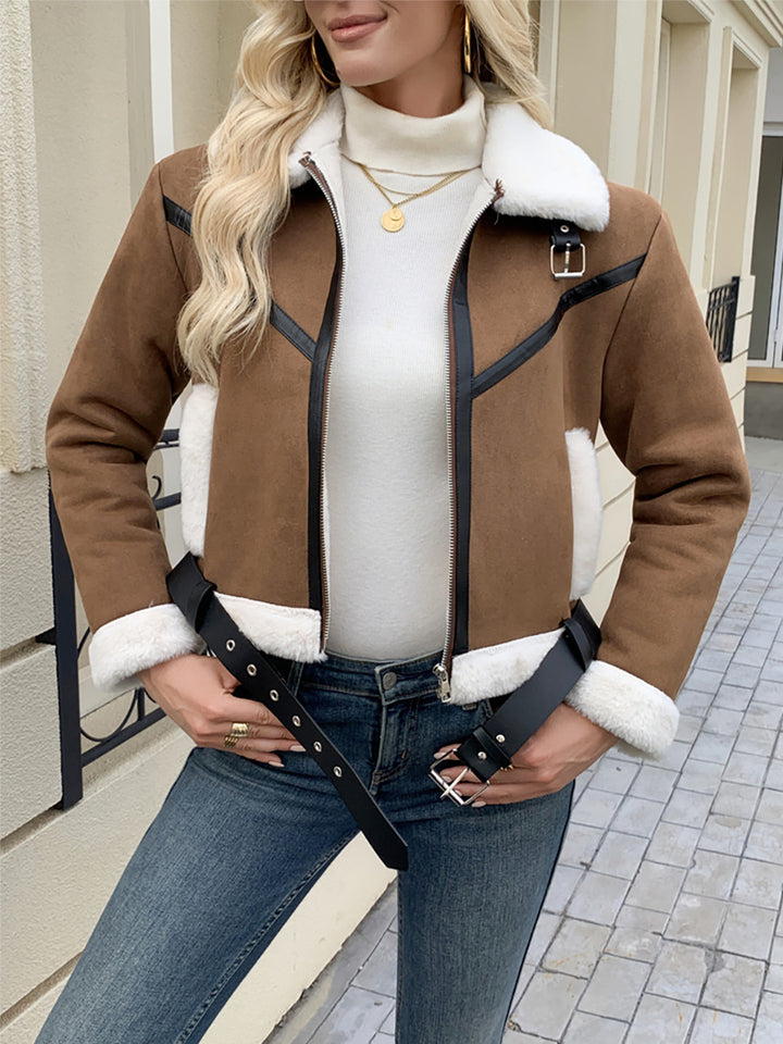 Stylish women's jacket with faux fur trims and decorative buckles Lune London