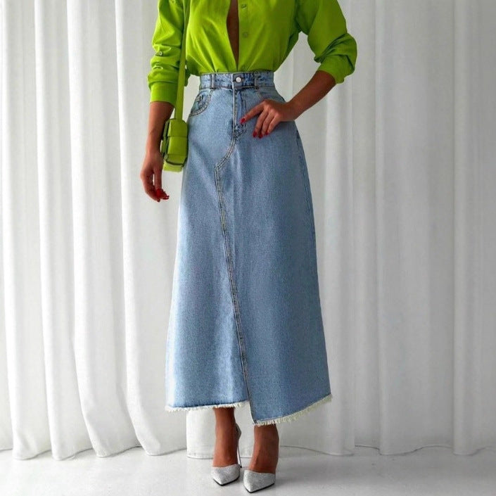 Ladies High-Waisted Maxi Denim Skirt with Asymmetrical Front Seam and Frayed Hem Amarae