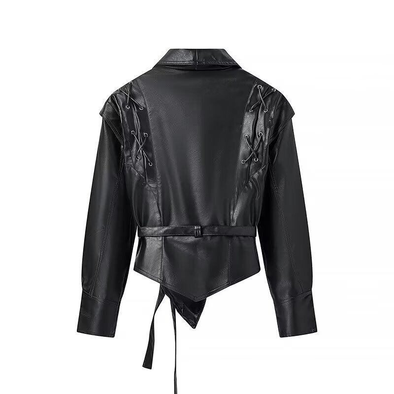 Ladies trendy fashion faux leather jacket with fitted cut and tie belt Lune London