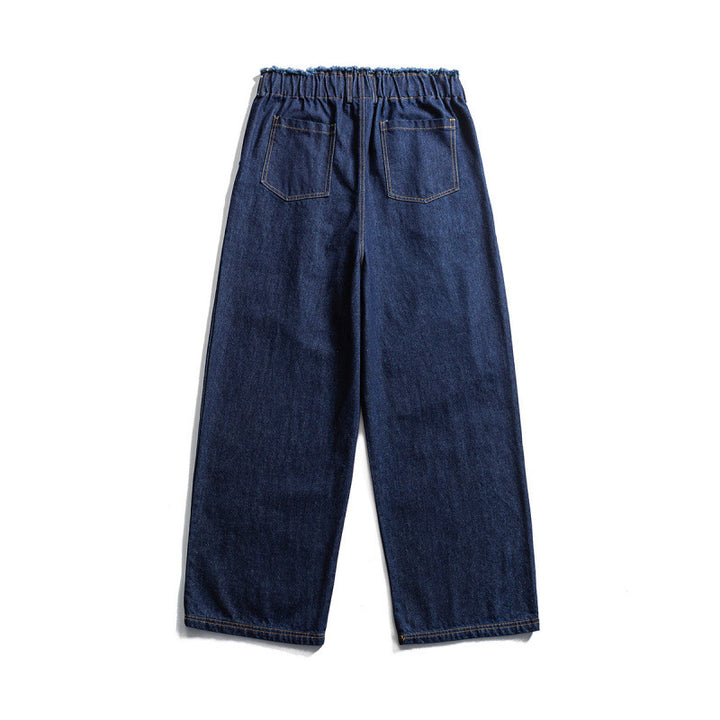 Unisex Wide Denim Pants with Elastic Waistband, Drawstring and Pleated Amarae