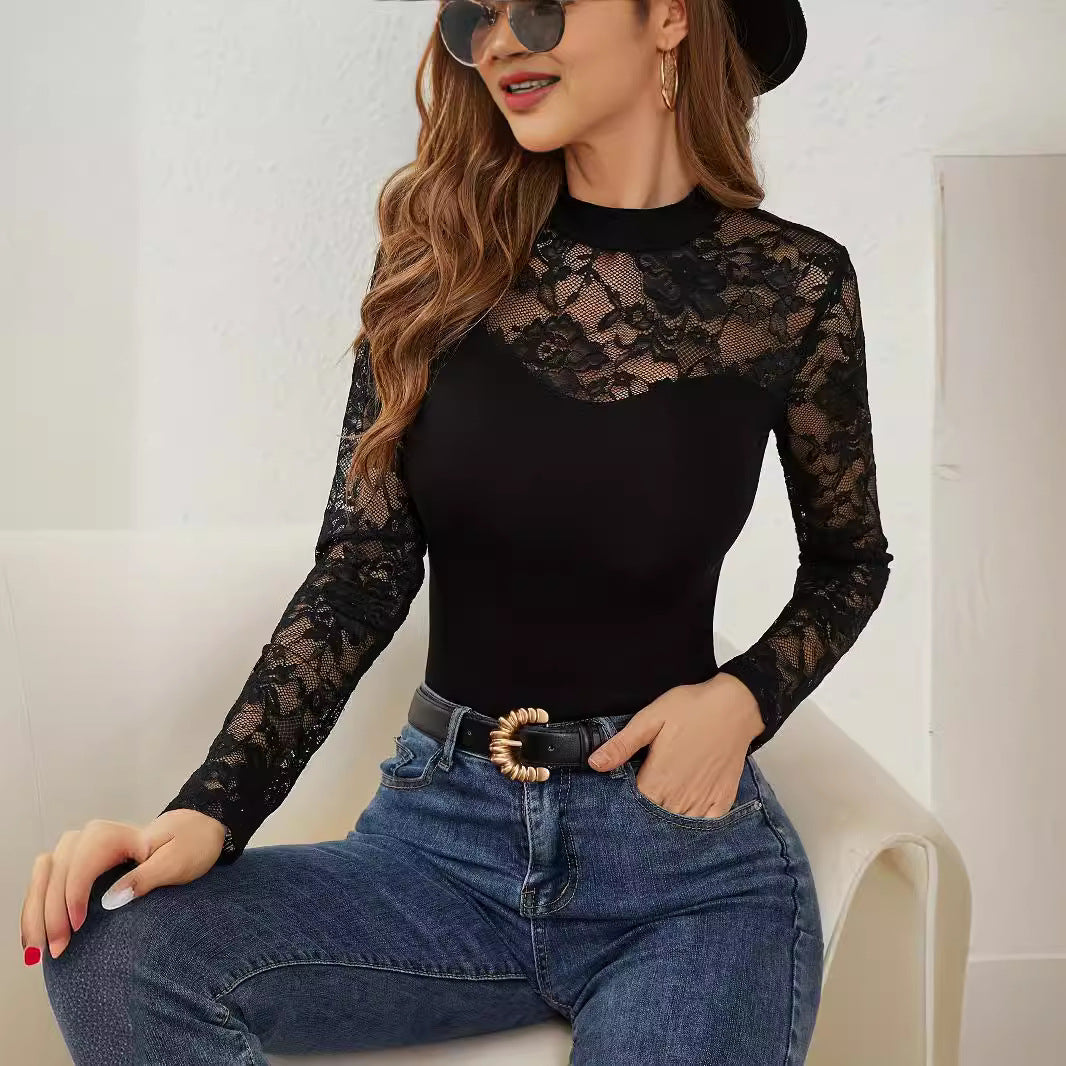 Women Elegant Long Sleeve Top with Romantic Lace Lune London