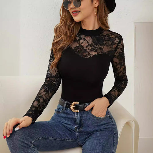Women Elegant Long Sleeve Top with Romantic Lace Amarae