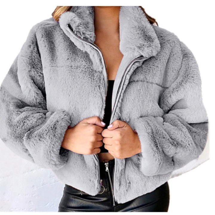 Women’s short-cut cuddly fleece quilted jacket with stand-up collar and zipper Amarae