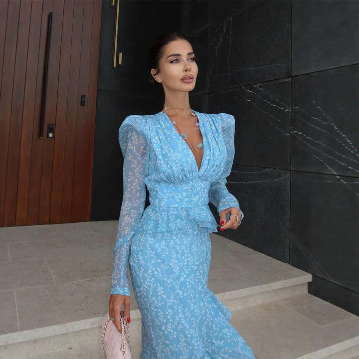 Women Chiffon Maxi Dress with V-neck, Puff Sleeves and Leg Slit Amarae