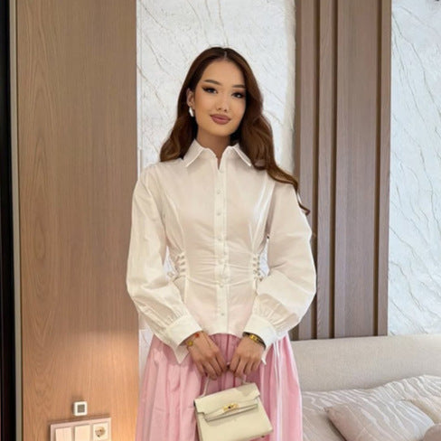 Women tailored cotton blouse with side lacing and balloon sleeves Amarae