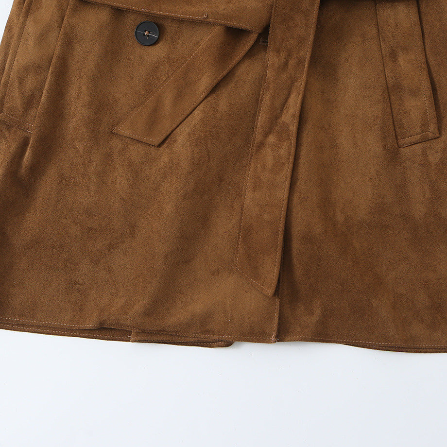 Women's Tailored Short Trench in Suede Look with Double-Breasted Button Placket and Epaulettes Amarae