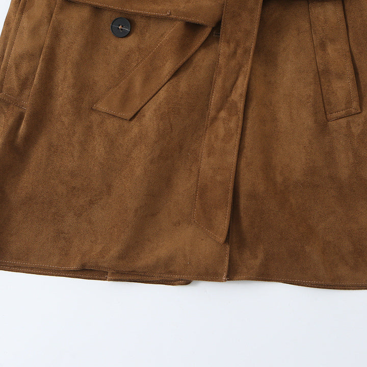 Women's Tailored Short Trench in Suede Look with Double-Breasted Button Placket and Epaulettes Amarae