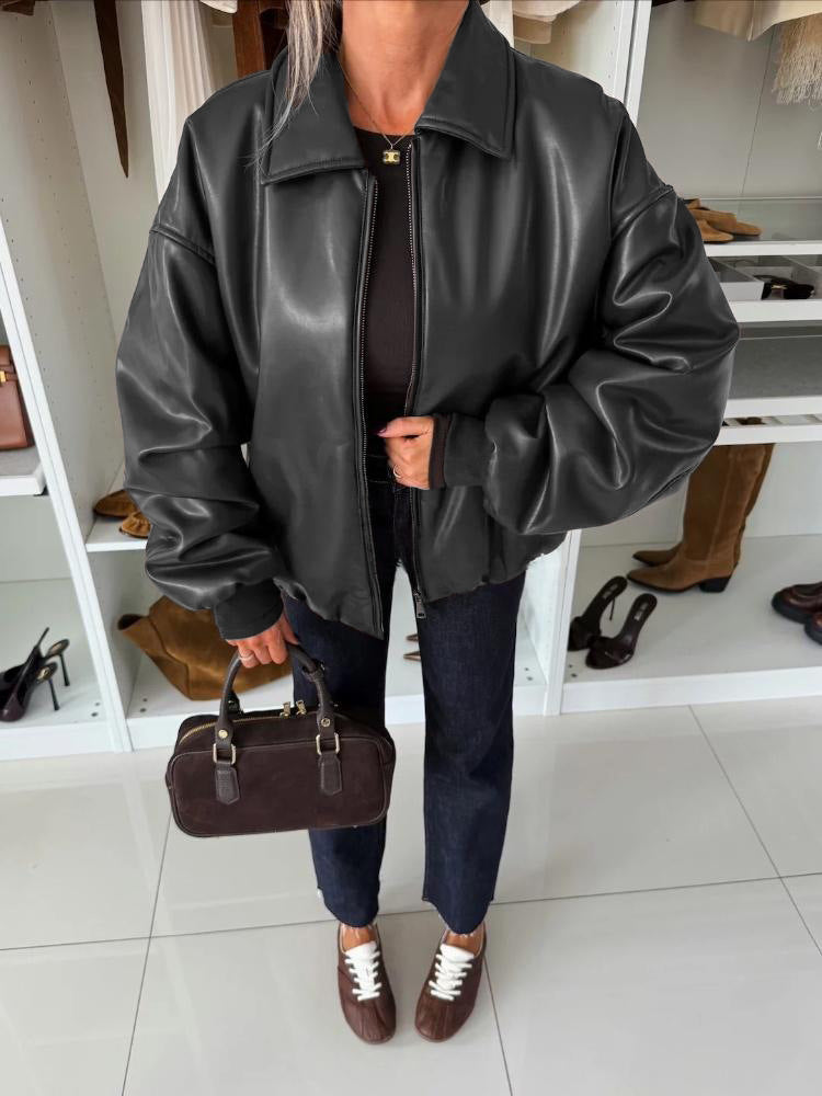 Veste en cuir surdimensionnée pour femmes avec col profond et fermeture éclair Chic & Stil