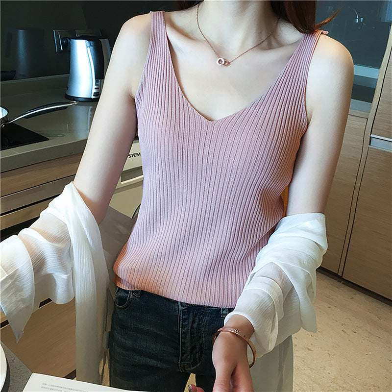 Ladies Rib V-neck knit tank top Lune London