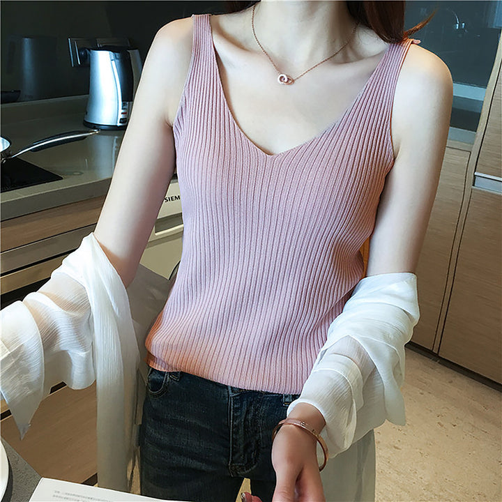 Ladies Rib V-neck knit tank top Lune London