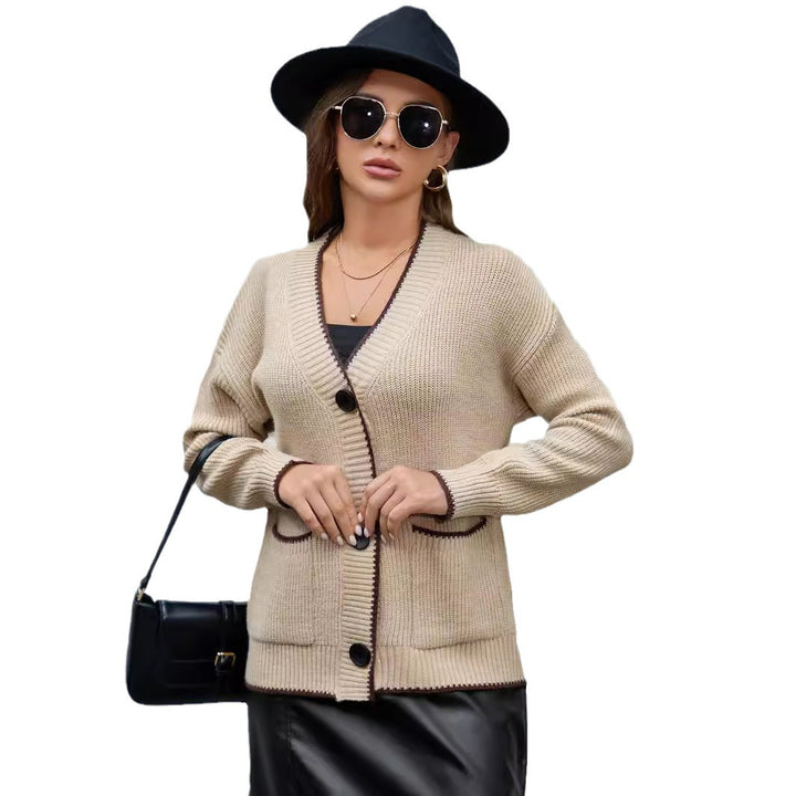 Ladies thick knit cardigan with deep V-neck and practical pockets Lune London