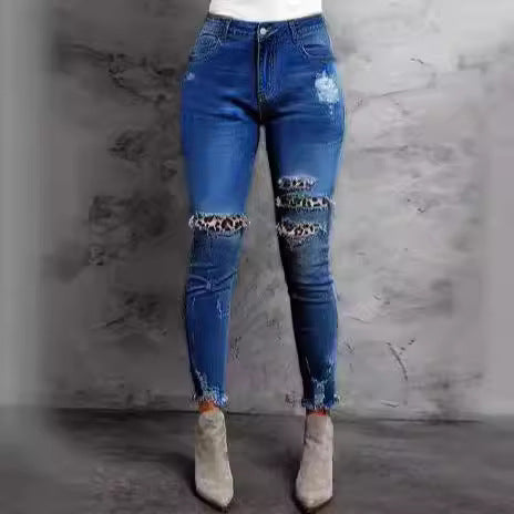 Women Stretch Skinny Jeans with High Waist, Knee Ripped Details and Leo Underlay Amarae