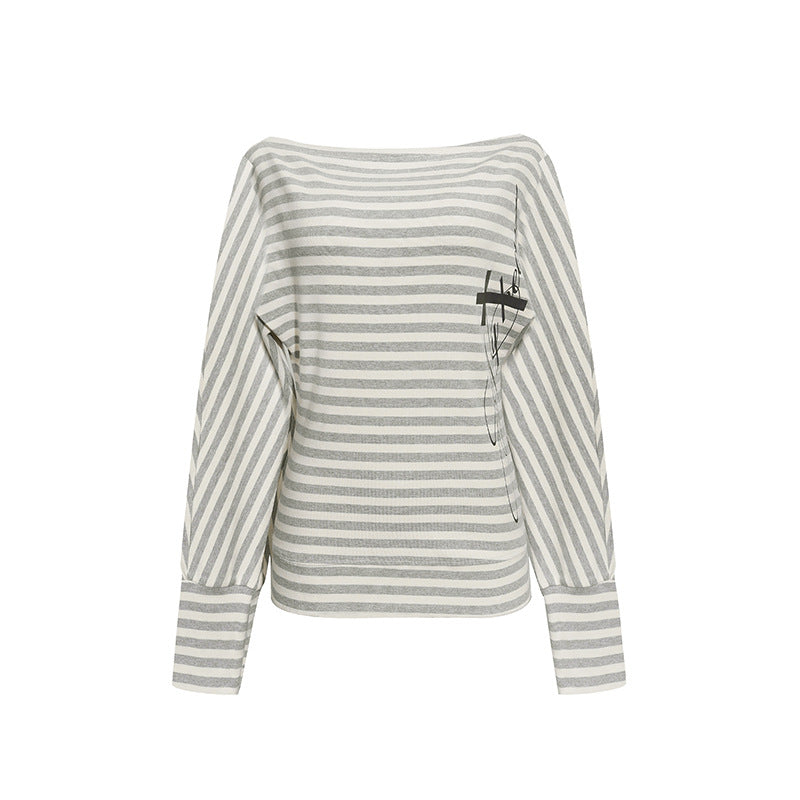 Women's Figure-hugging Striped Long Sleeve Shirt with Wide Boat Neck and Cropped Batwing Sleeves Amarae