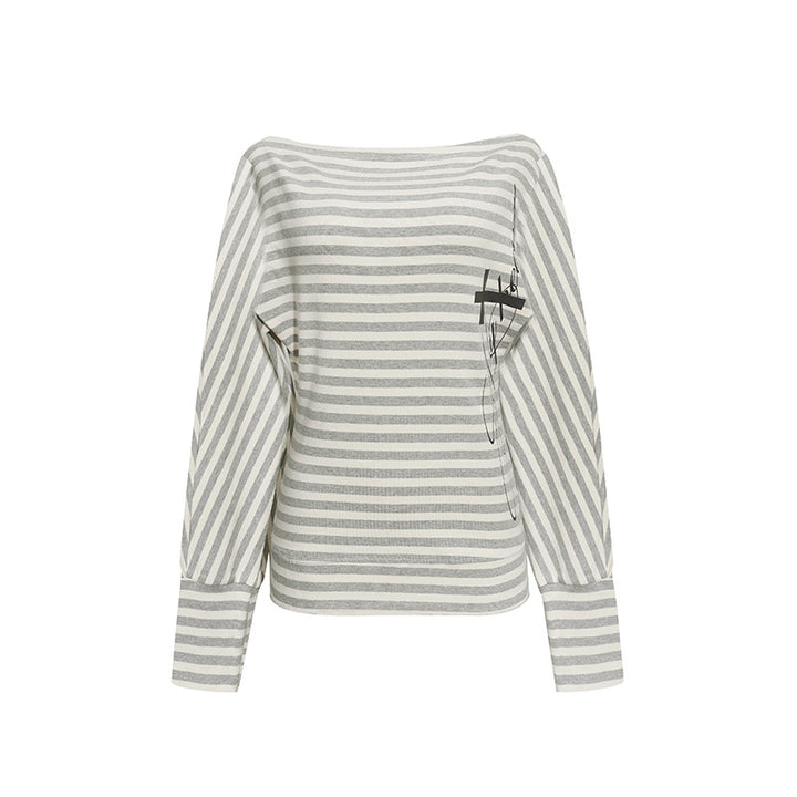 Women's Figure-hugging Striped Long Sleeve Shirt with Wide Boat Neck and Cropped Batwing Sleeves Amarae