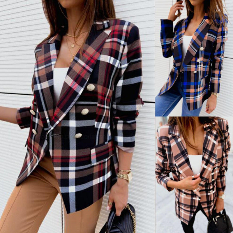 Custom tailored plaid double-breasted blazer for ladies Lune London