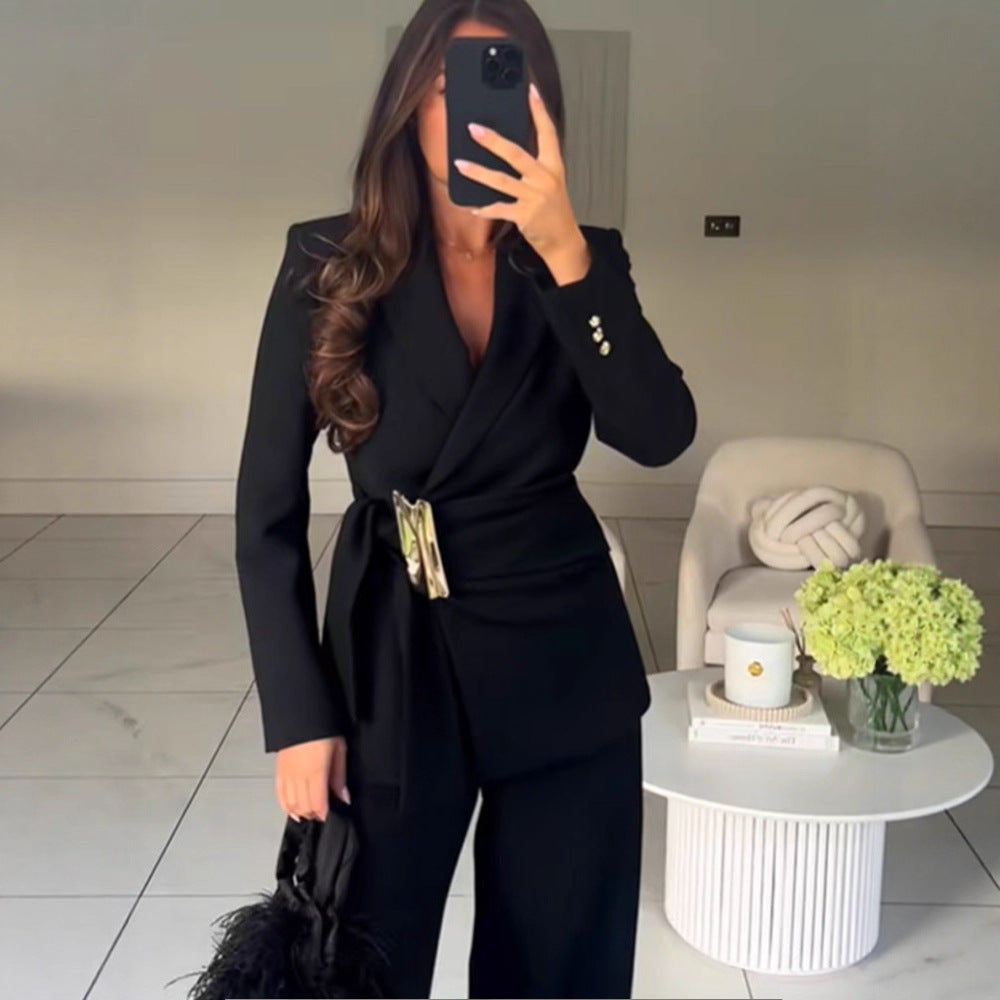 Women's Tailored Wrap Blazer with Decorative Metal Buckle & High-Waist Palazzo Pants Amarae