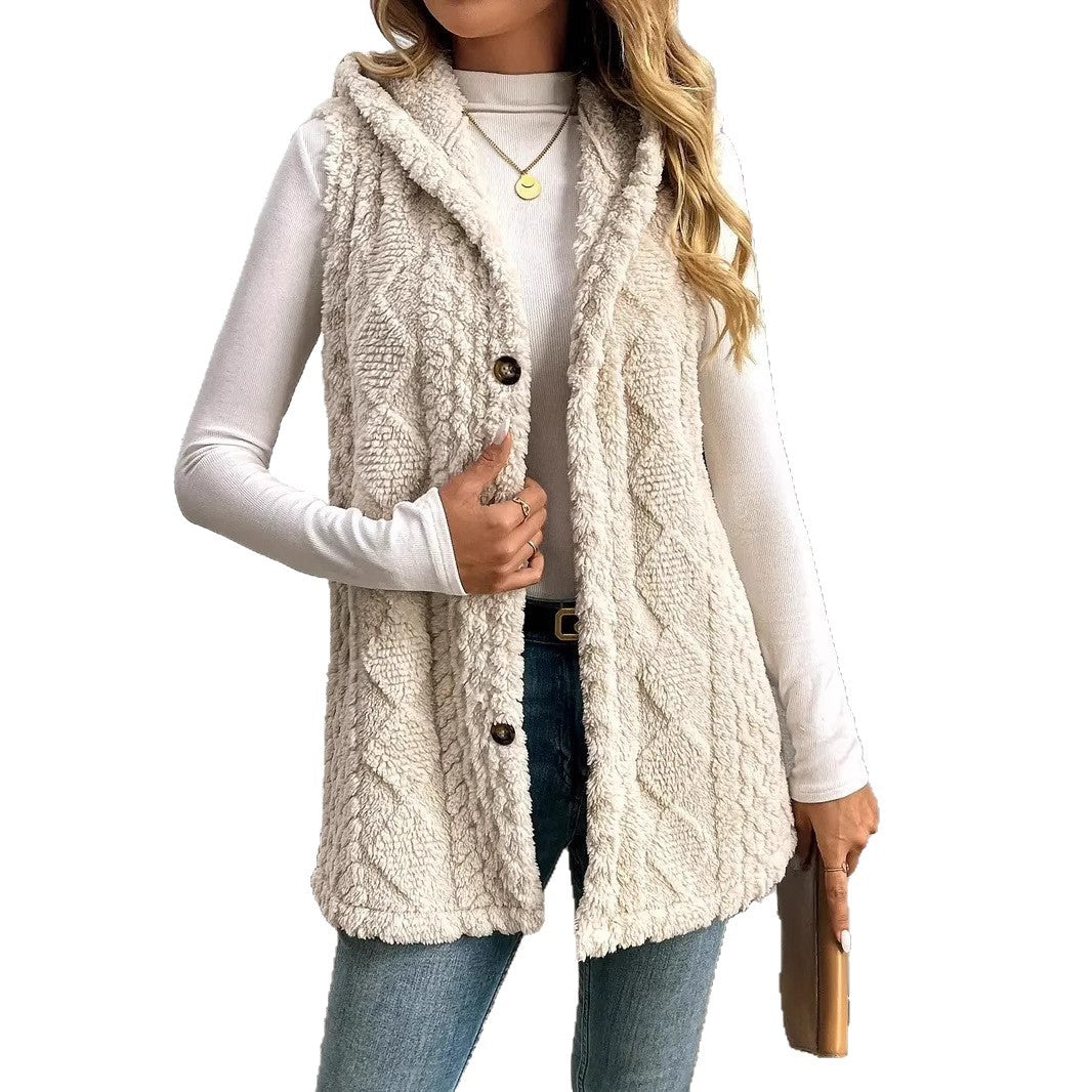 Women’s hooded vest in soft fabric with button placket Amarae