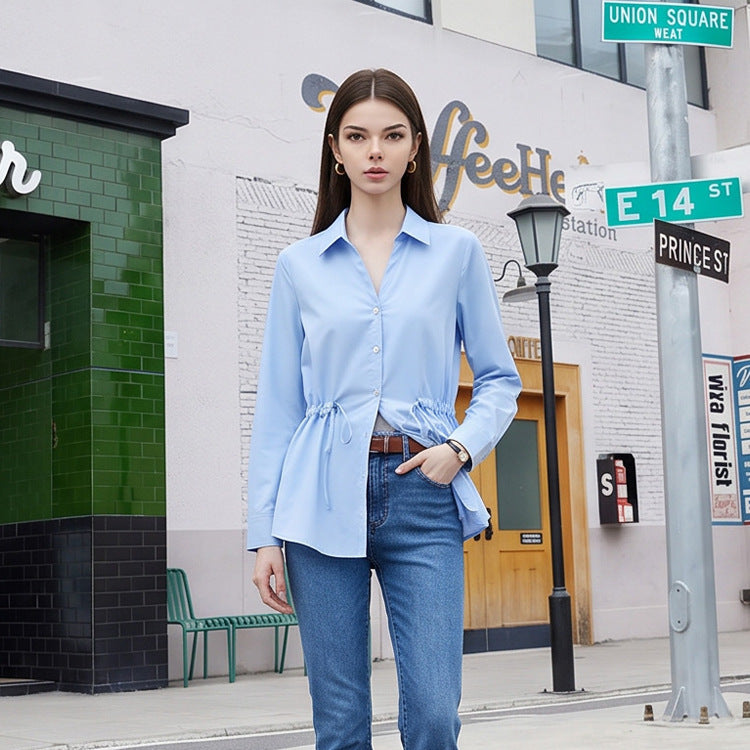 Women Lightweight Blouse with Drawstring Waist and Classic Shirt Collar Amarae