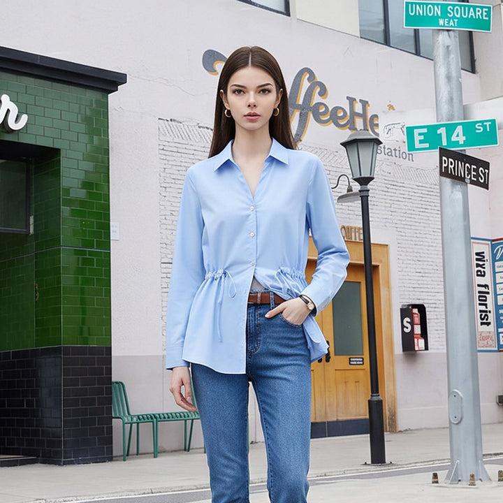 Women Lightweight Blouse with Drawstring Waist and Classic Shirt Collar Amarae