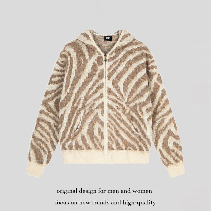 Women's Fluffy Zip Hoodie Cardigan with Zebra Jacquard and Kangaroo Pocket Amarae