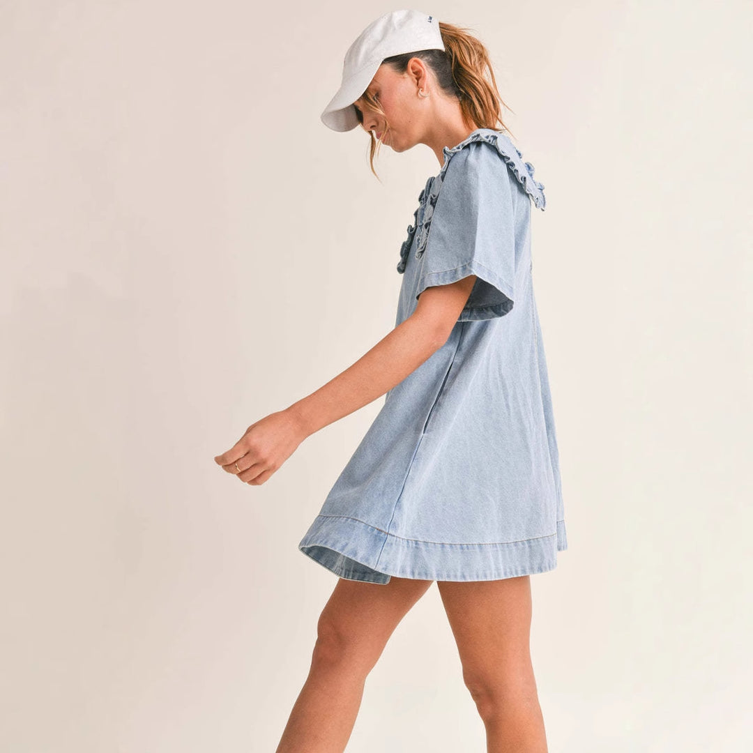 Women's denim dress with elegant ruffled collar finish Lune London