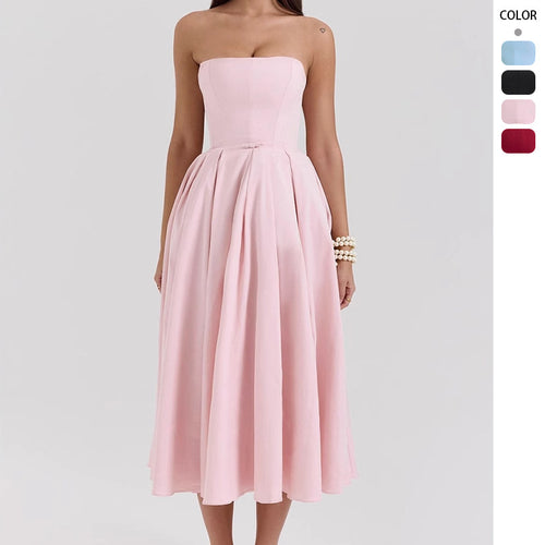 Women’s Waist-Reducing Midi Dress with Off-Shoulder Design and Elegant Pleated Structure
