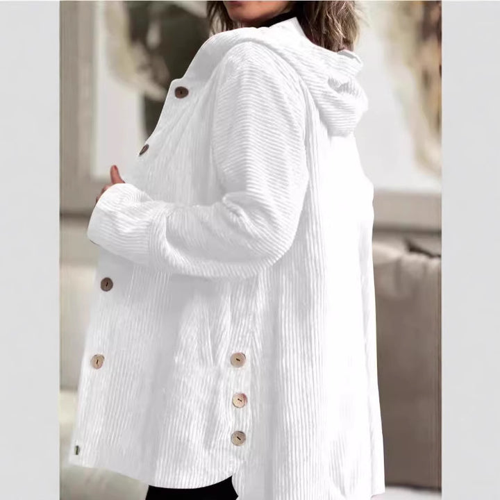 Womens wellness jacket in cord with hood and large buttons Lune London