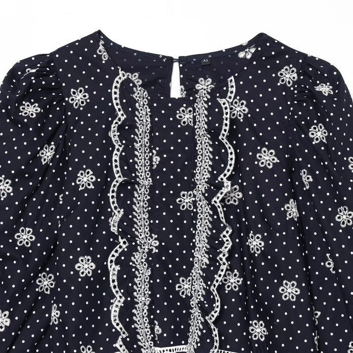 Women Embroidered Polka Dot Blouse with Ruffles and Balloon Sleeves Amarae