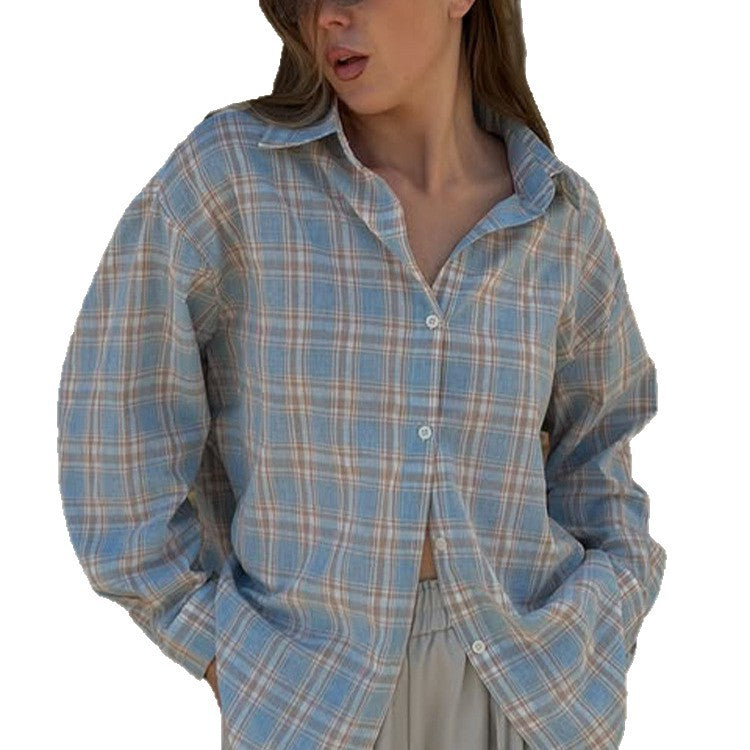 Women's Oversize checkered linen look blouse with shirt collar, full button placket & casual silhouette Amarae
