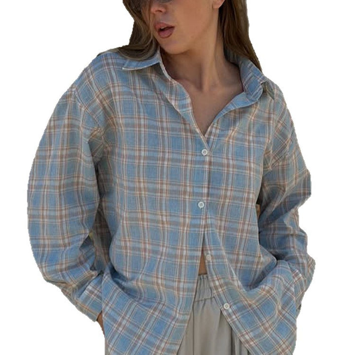 Women's Oversize checkered linen look blouse with shirt collar, full button placket & casual silhouette Amarae