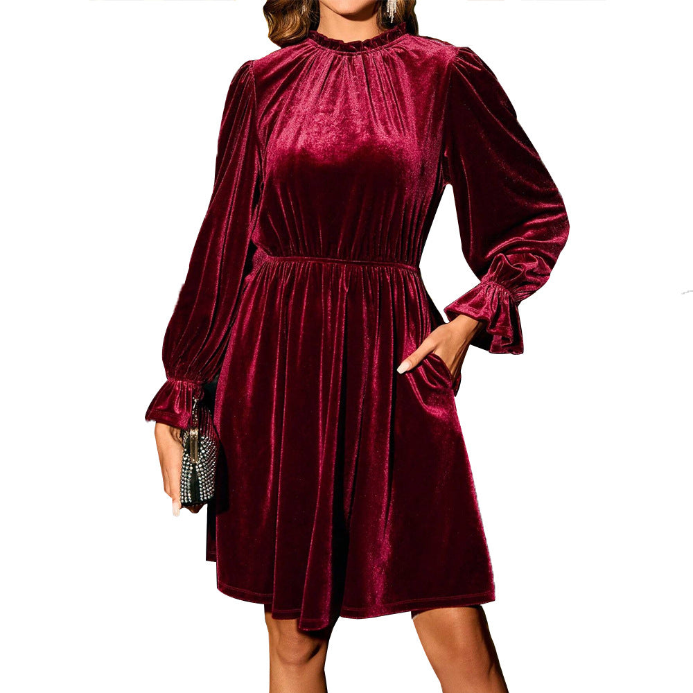 Robe de soirée en velours pour femme avec longues manches bouffantes et taille élastique Chic & Stil