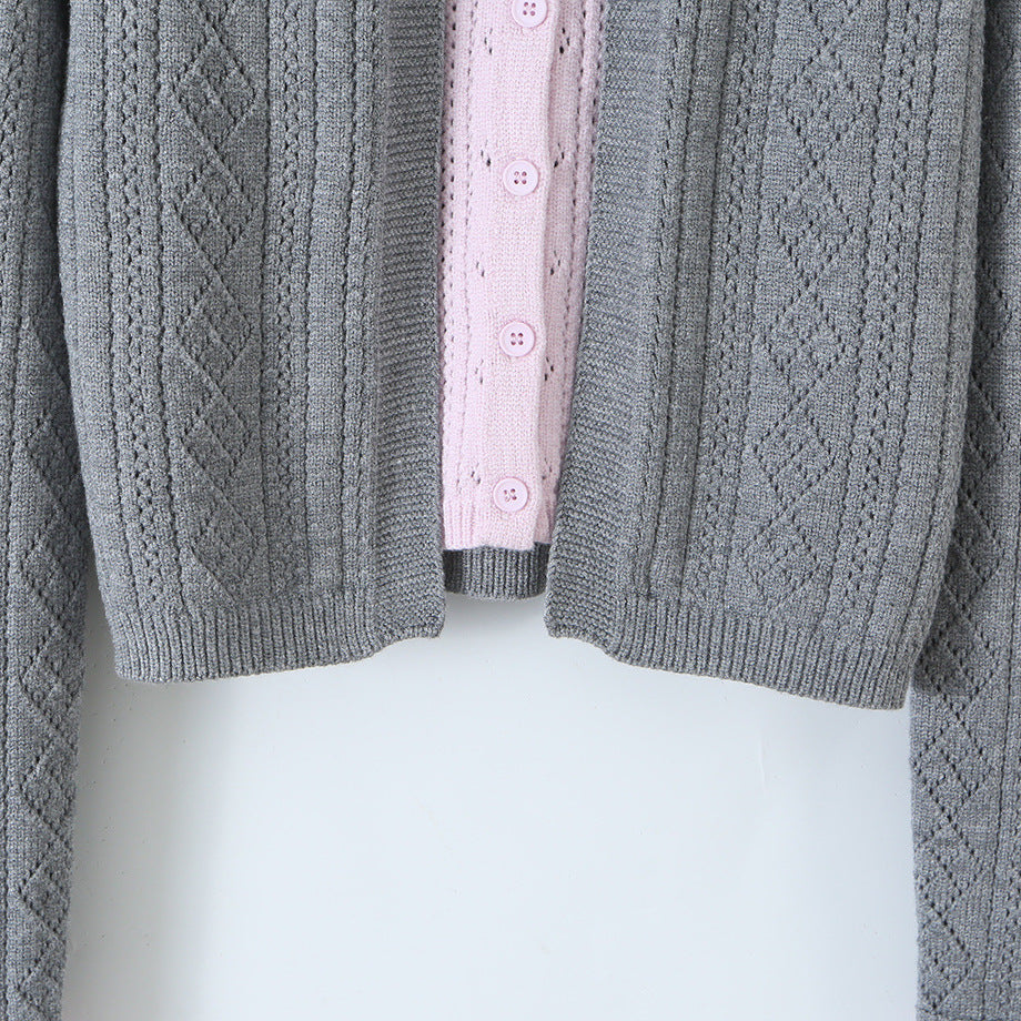 Women Fine Knit Two-Piece Cardigan with Bow Collar and Decorative Waistcoat Amarae