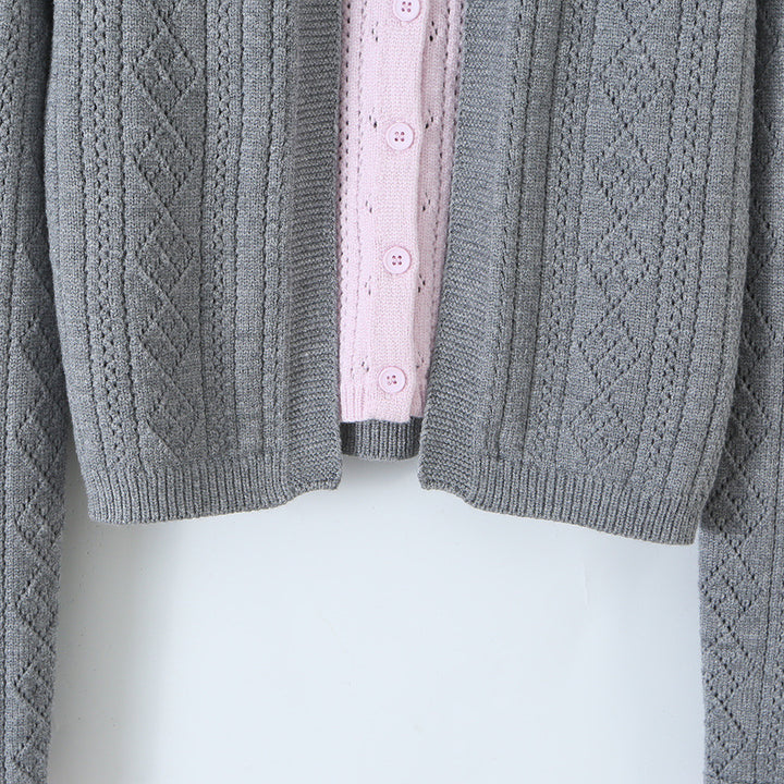 Women Fine Knit Two-Piece Cardigan with Bow Collar and Decorative Waistcoat Amarae