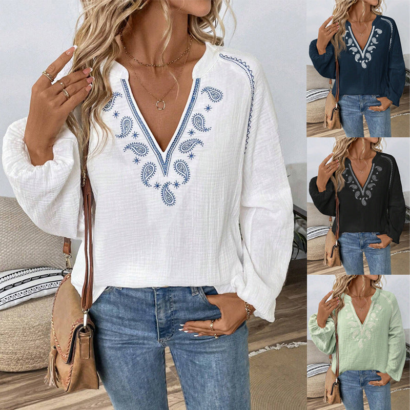 Women's Lightweight Cotton Tunic with Embroidery, V-Neck and Gathered Balloon Sleeves Amarae