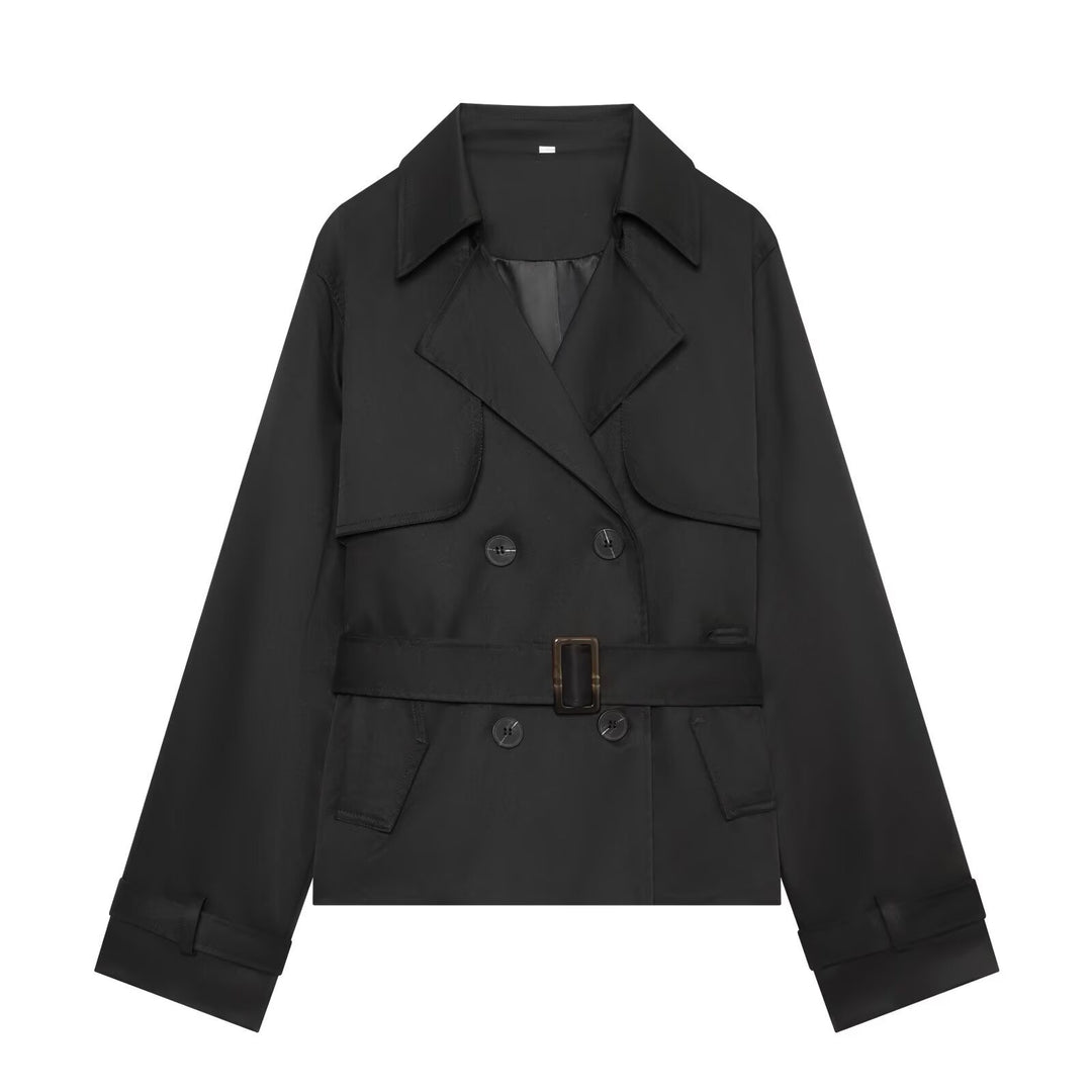 Women's Short Cropped Trench Coat with Double-Breasted Button Placket, Waist Belt, and Epaulettes Amarae