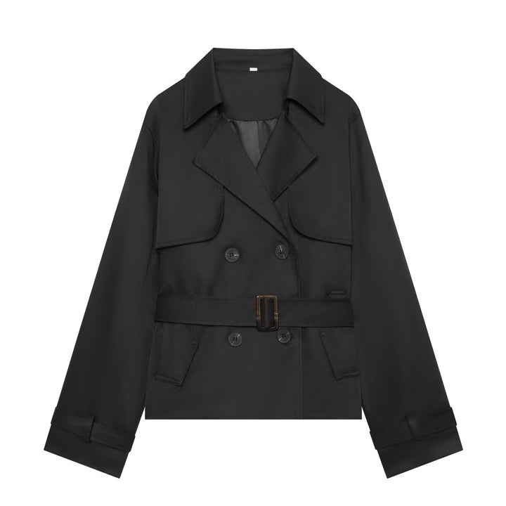 Women's Short Cropped Trench Coat with Double-Breasted Button Placket, Waist Belt, and Epaulettes Amarae