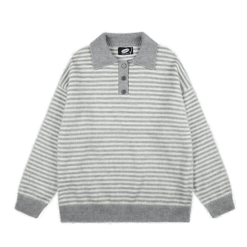 Women's Fluffy Knit Polo with Stripes, Contrasting Collar and Button Placket Amarae