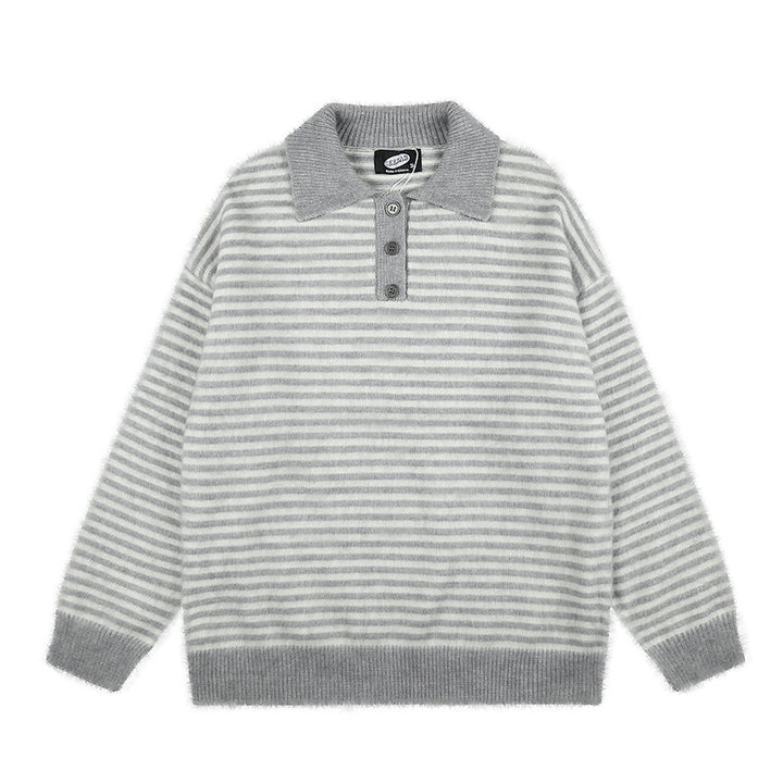 Women's Fluffy Knit Polo with Stripes, Contrasting Collar and Button Placket Amarae