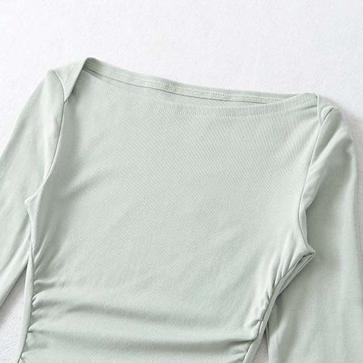 Women’s Fitted Midi Dress with Boat Neck, Three-Quarter Sleeves and Gathered Waist