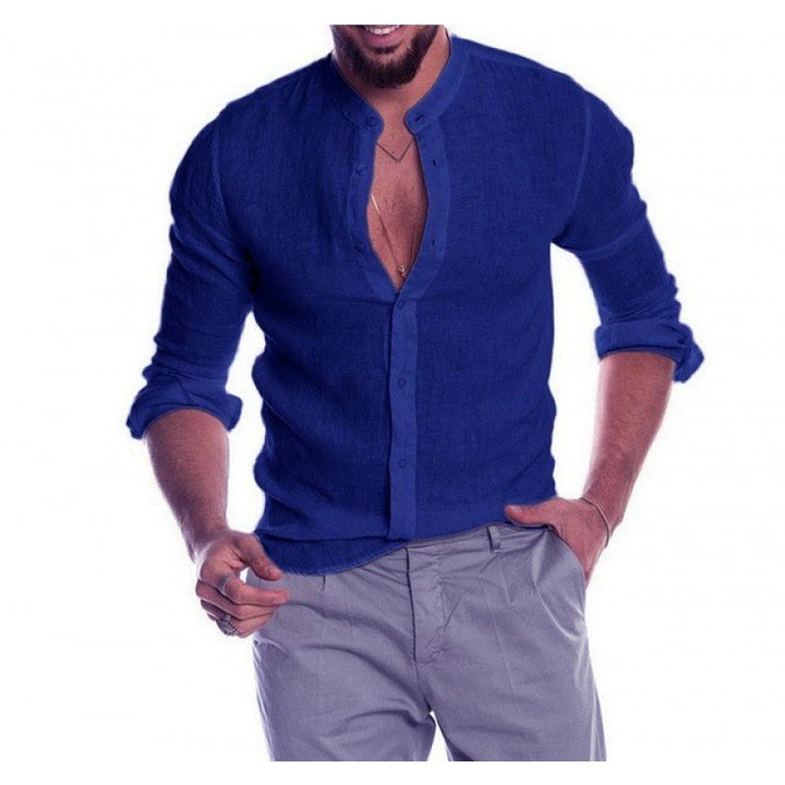 Men's Lightweight Linen Shirt with Stand-Up Collar, Slim Fit and Continuous Button Placket Amarae
