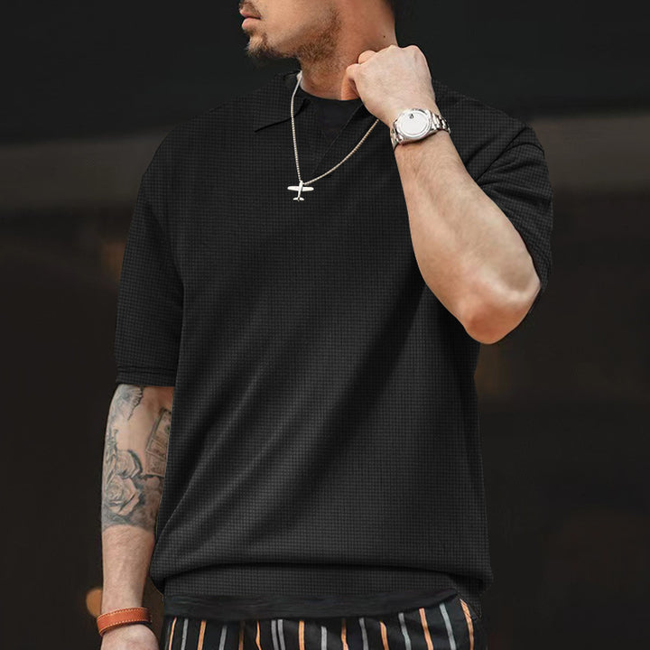 Men's short sleeve polo shirt with structured and modern design V neck Lune London