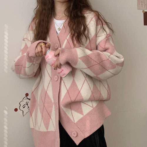 Chunky knit cardigan for women with modern diamond pattern and button closure Amarae