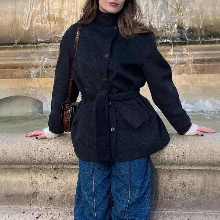 Modern wool jacket for women with adjustable belt and high collar Lune London