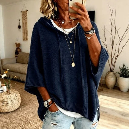 Ladies Oversized Knit Poncho with Hood, Batwing Sleeves and Side Slits Amarae